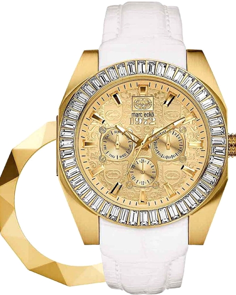 Gold Crystals White Leather Strap
